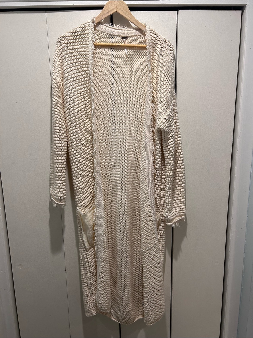 Free People Longline Open-Front Cream Knit Cardigan